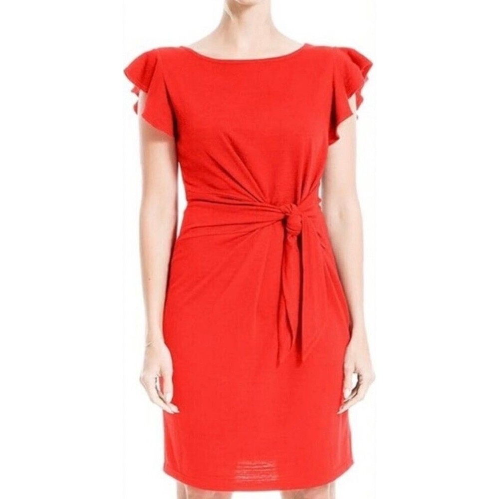Max Studio Bright Red Tie-Front Waist Short Flutter Sleeve Dress NWT Size Small